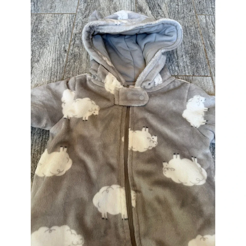Carters Pram Suit Snowsuit 6 Months 6M Grey Sheep Fleece Hooded Footed NWT Baby